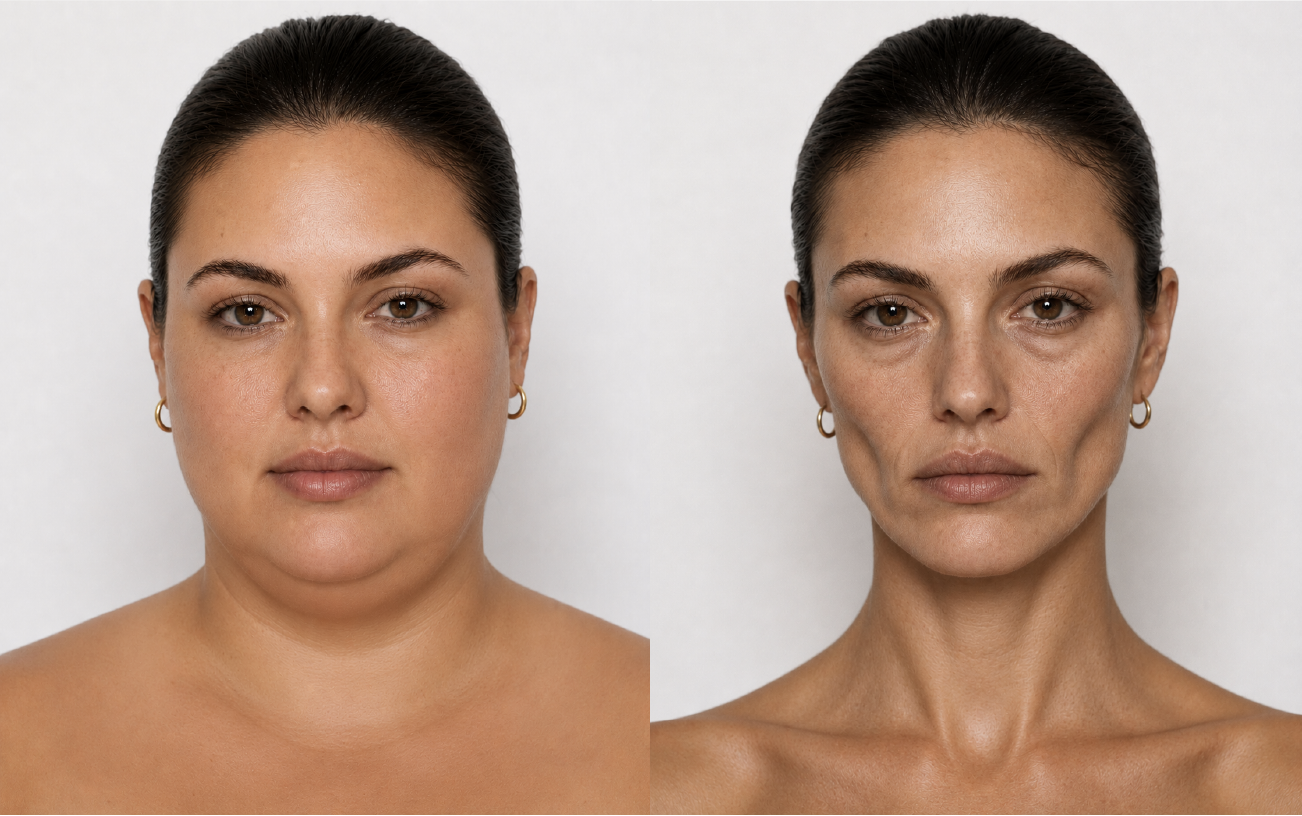 Simulación del antes y el después de la pérdida de volumen facial asociada a la Ozempic Face en Holaglow